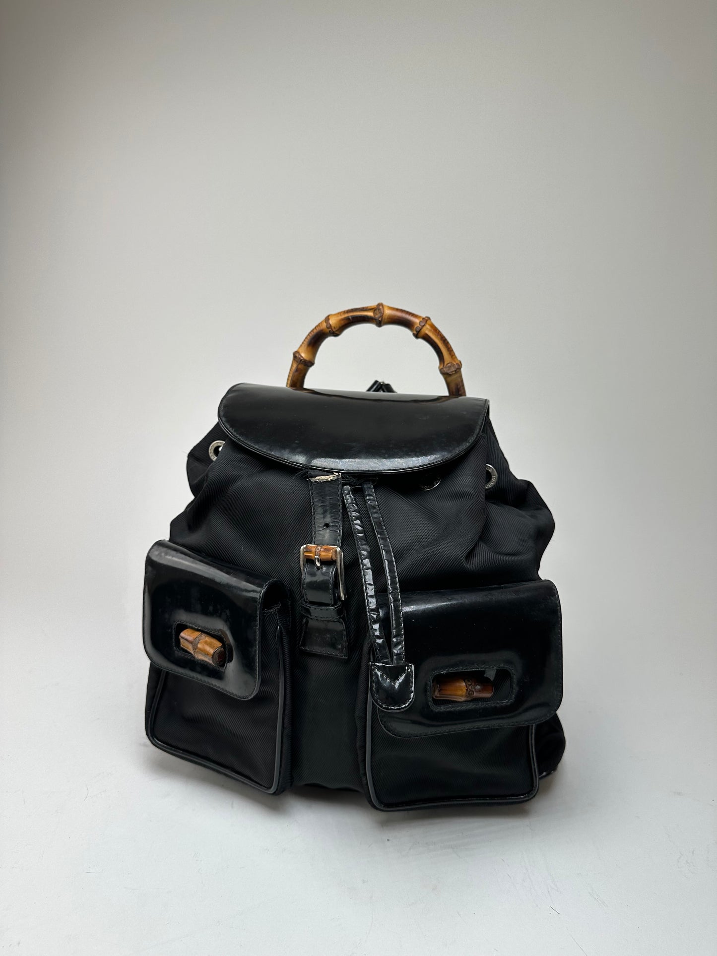 Vintage Gucci Patent Leather Bamboo Backpack Black