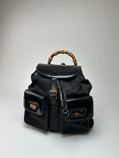 Vintage Gucci Patent Leather Bamboo Backpack Black