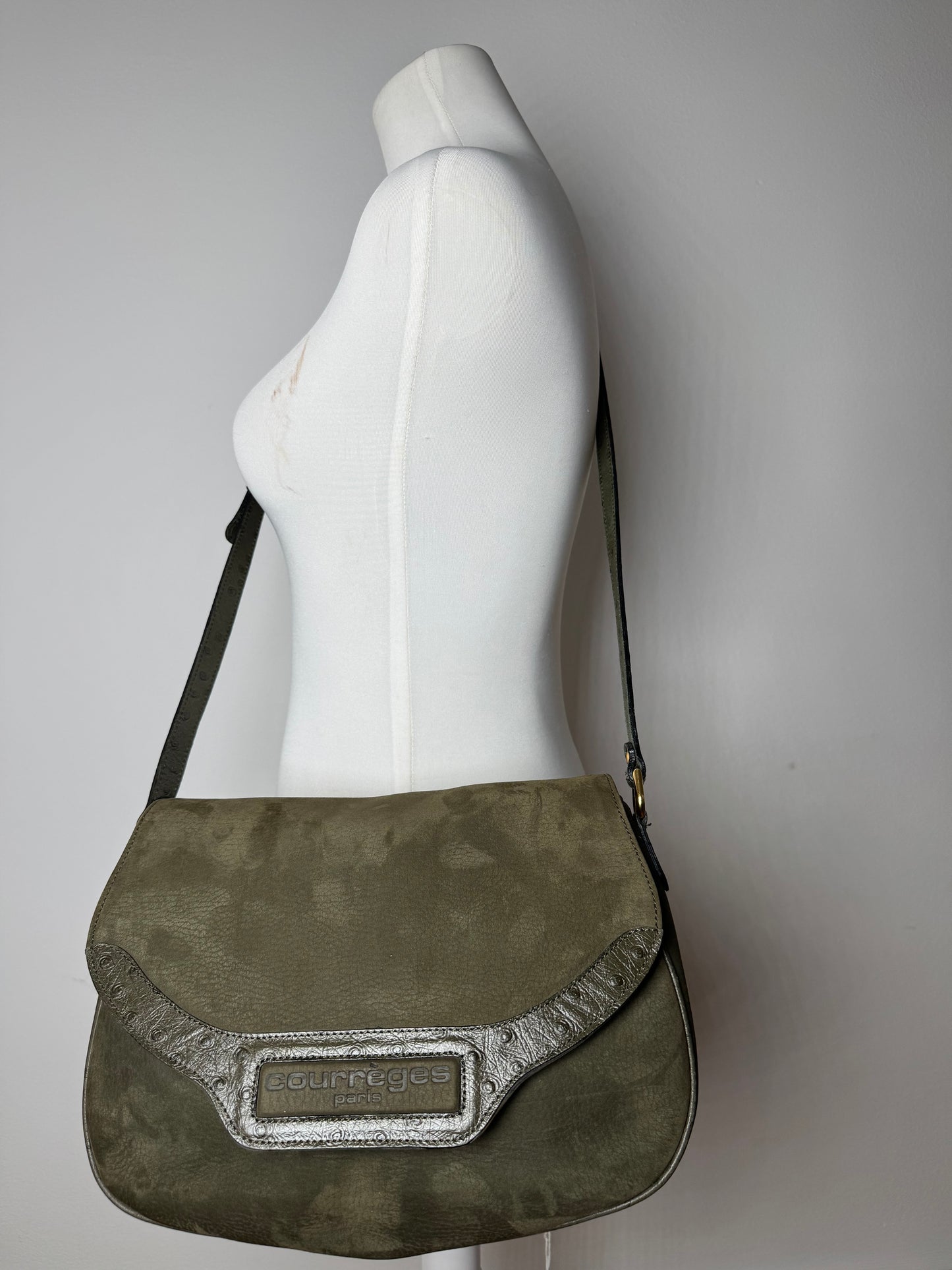 Vintage Courreges Suede Leather Shoulder / Crossbody Bag Khaki