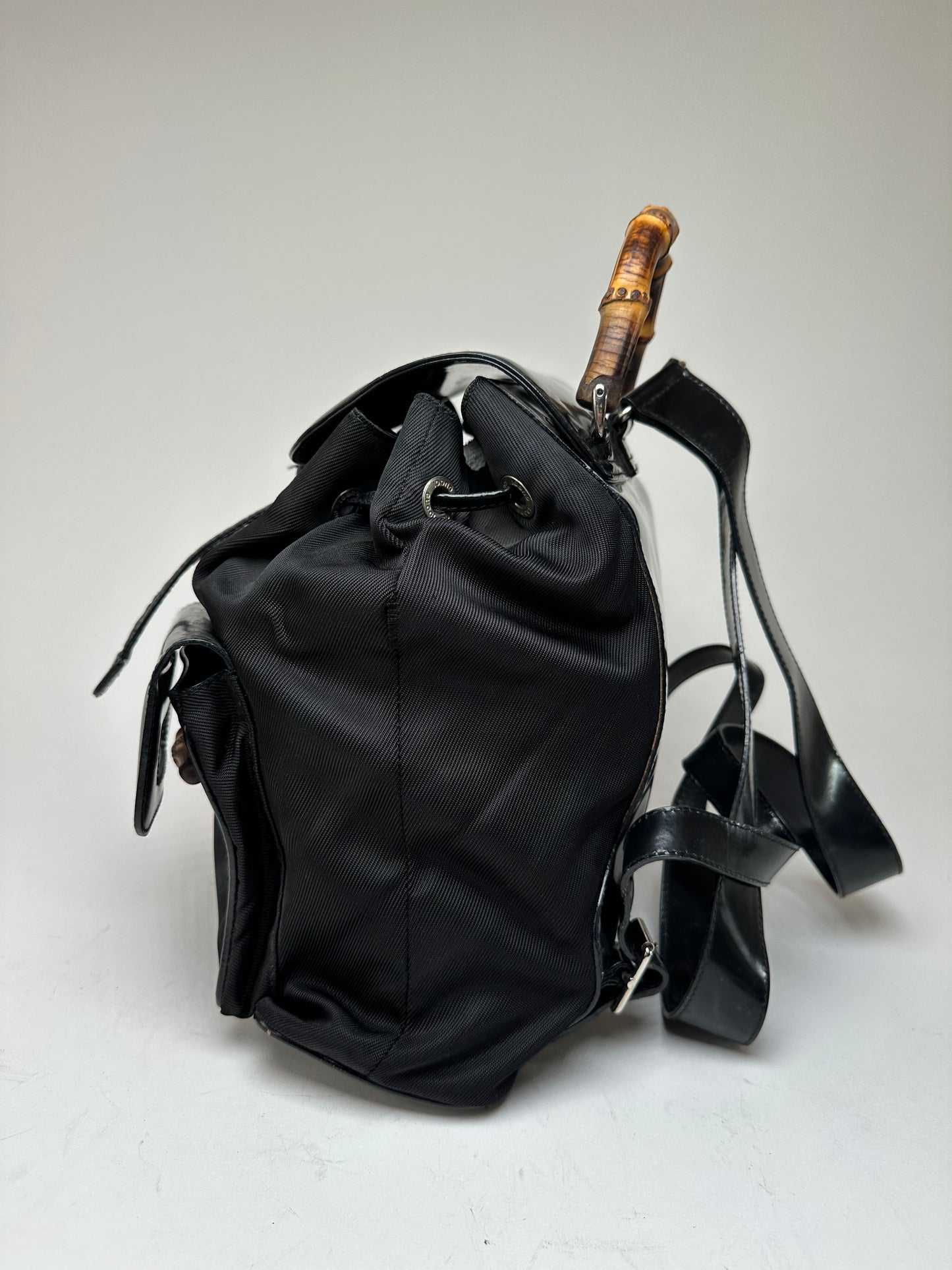 Vintage Gucci Patent Leather Bamboo Backpack Black