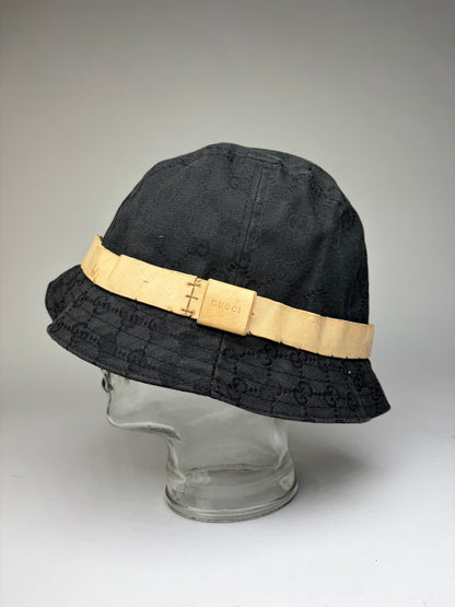 Vintage Gucci GG Monogram Canvas Bucket Hat Late 1990s Black Beige