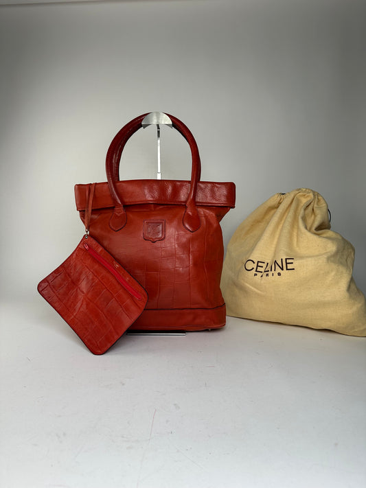 Vintage Celine Triomphe Crest Croc Embossed Leather Tote Red