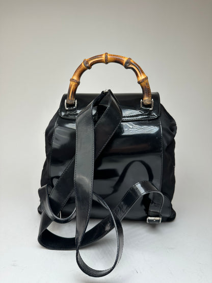 Vintage Gucci Patent Leather Bamboo Backpack Black