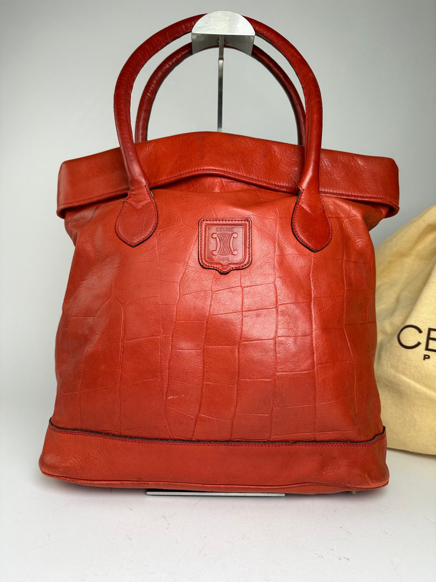 Vintage Celine Triomphe Crest Croc Embossed Leather Tote Red