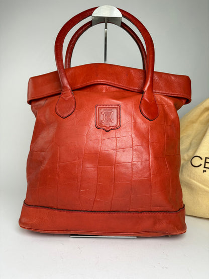 Vintage Celine Triomphe Crest Croc Embossed Leather Tote Red