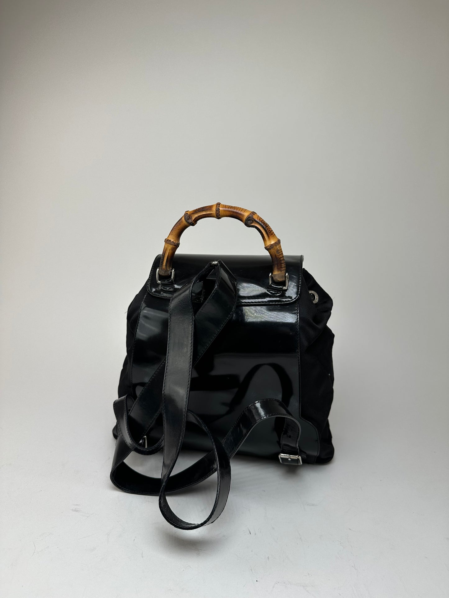 Vintage Gucci Patent Leather Bamboo Backpack Black