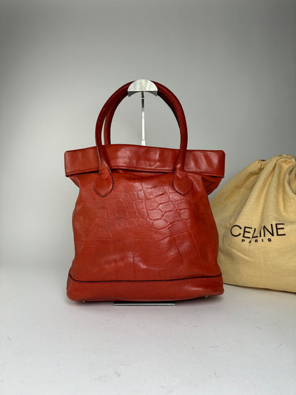 Vintage Celine Triomphe Crest Croc Embossed Leather Tote Red