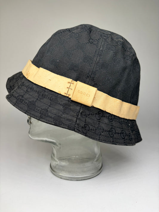 Vintage Gucci GG Monogram Canvas Bucket Hat Late 1990s Black Beige