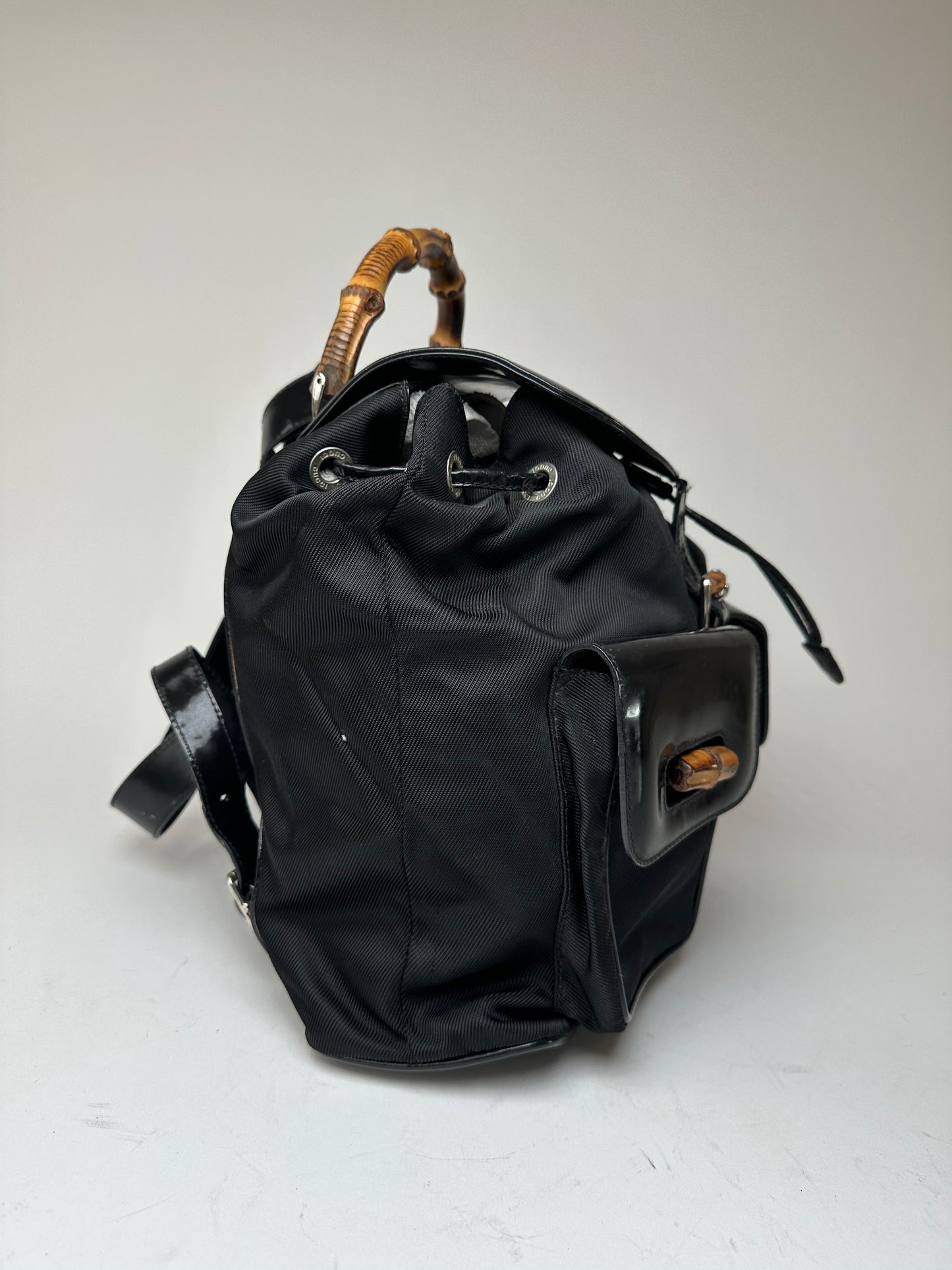 Vintage Gucci Patent Leather Bamboo Backpack Black