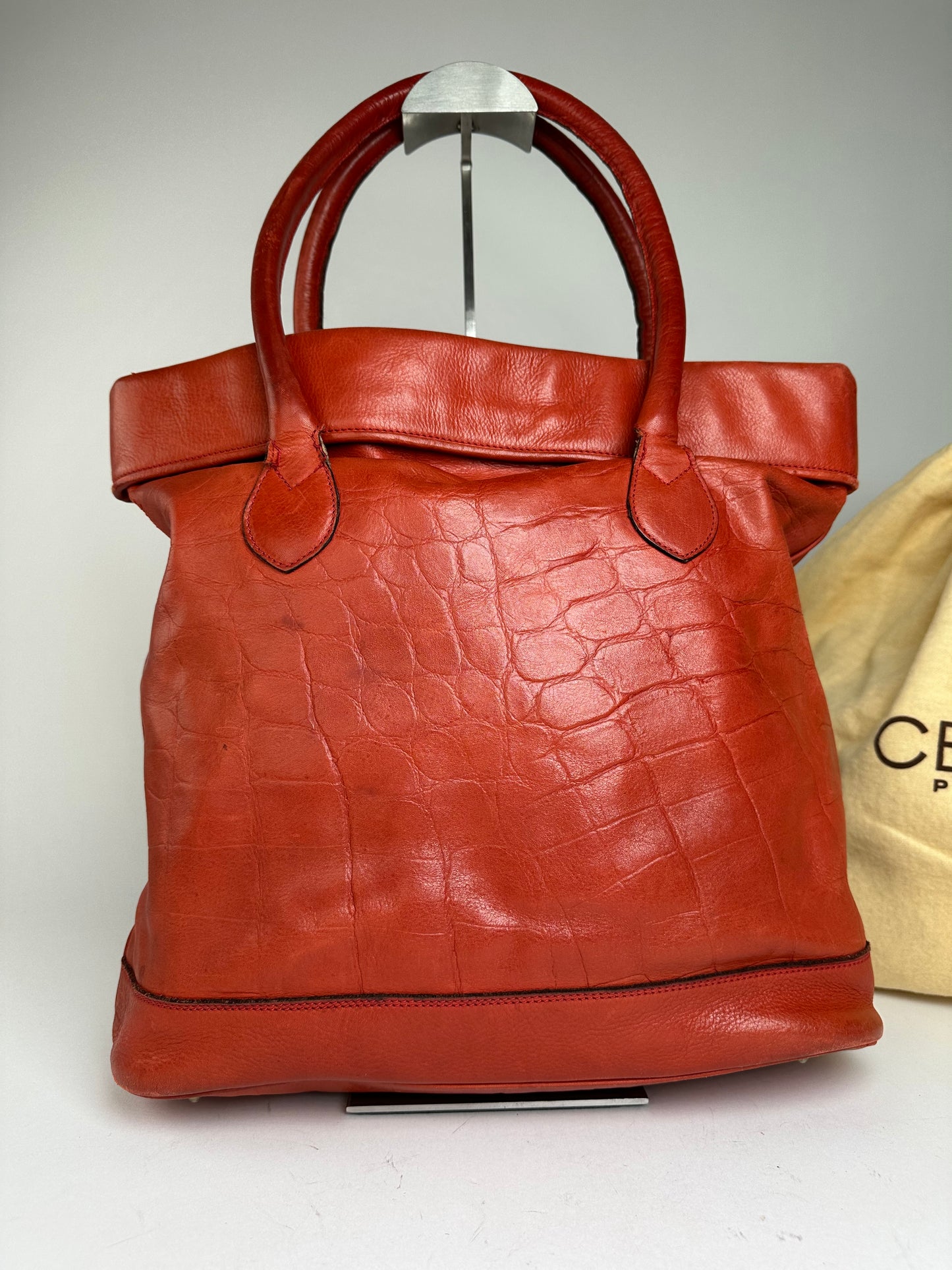Vintage Celine Triomphe Crest Croc Embossed Leather Tote Red
