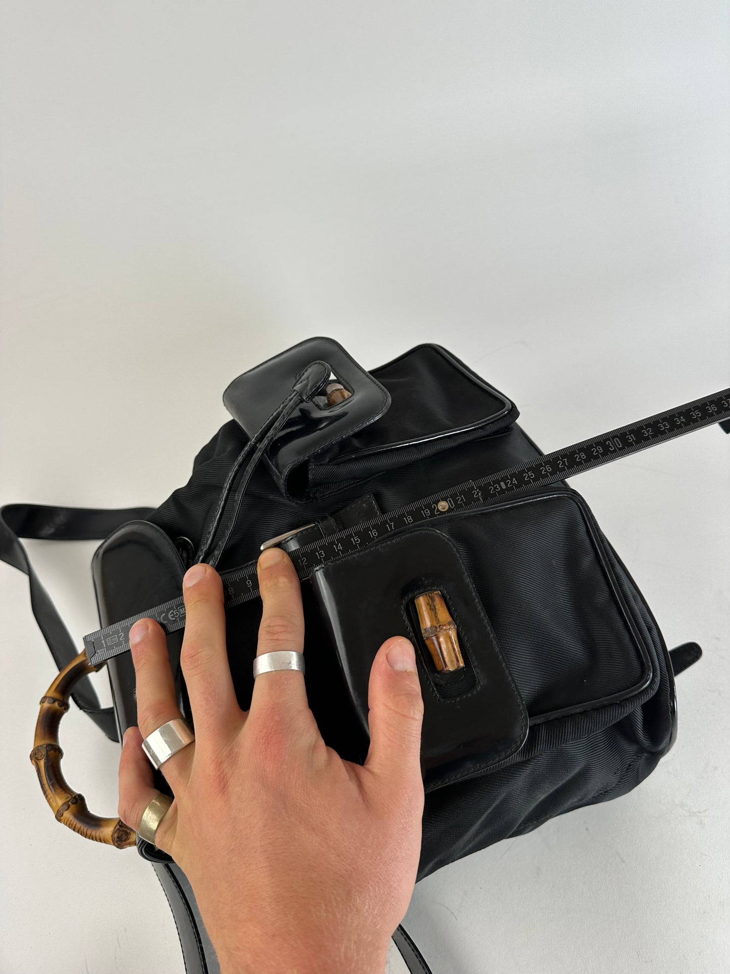Vintage Gucci Patent Leather Bamboo Backpack Black