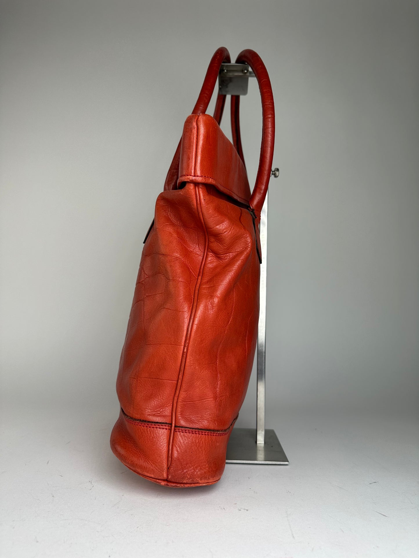 Vintage Celine Triomphe Crest Croc Embossed Leather Tote Red