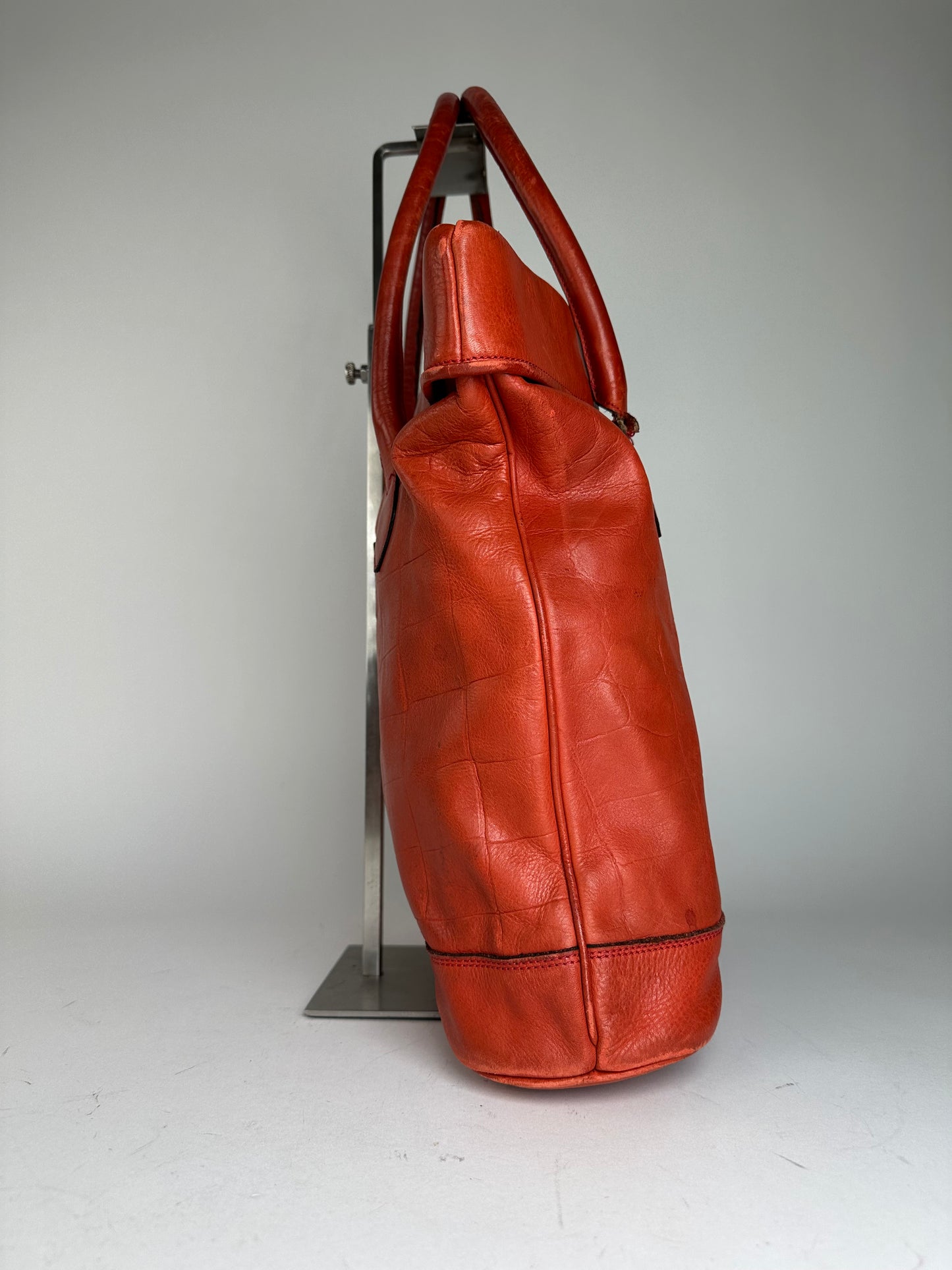 Vintage Celine Triomphe Crest Croc Embossed Leather Tote Red