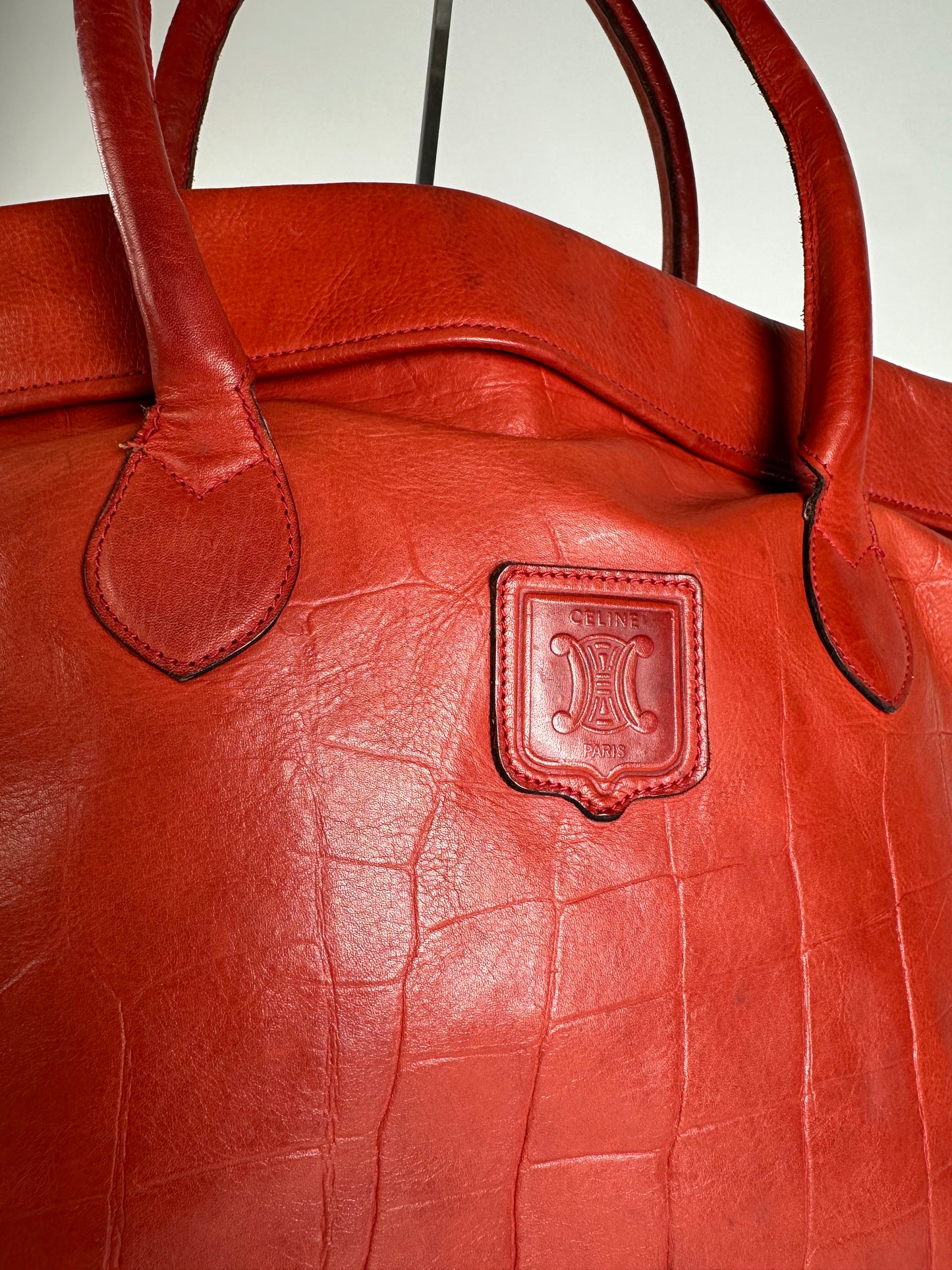 Vintage Celine Triomphe Crest Croc Embossed Leather Tote Red