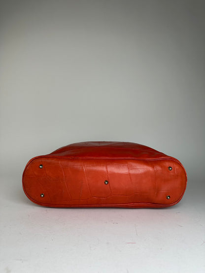 Vintage Celine Triomphe Crest Croc Embossed Leather Tote Red