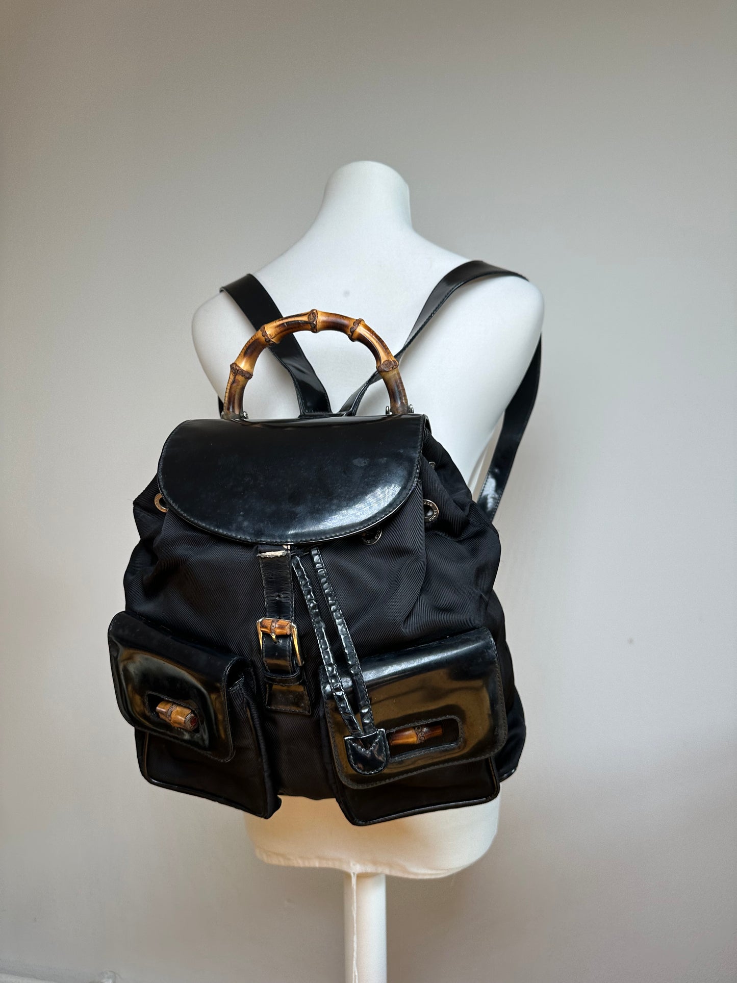 Vintage Gucci Patent Leather Bamboo Backpack Black