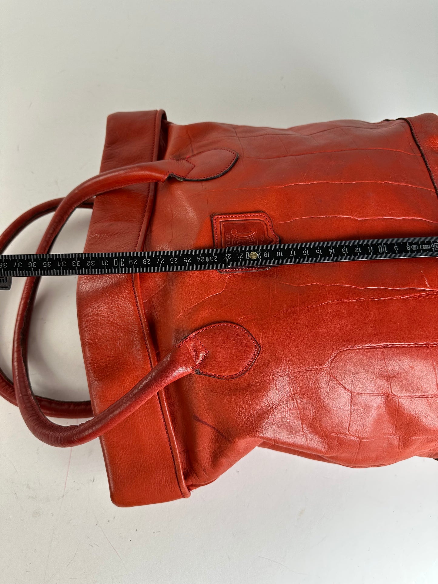 Vintage Celine Triomphe Crest Croc Embossed Leather Tote Red