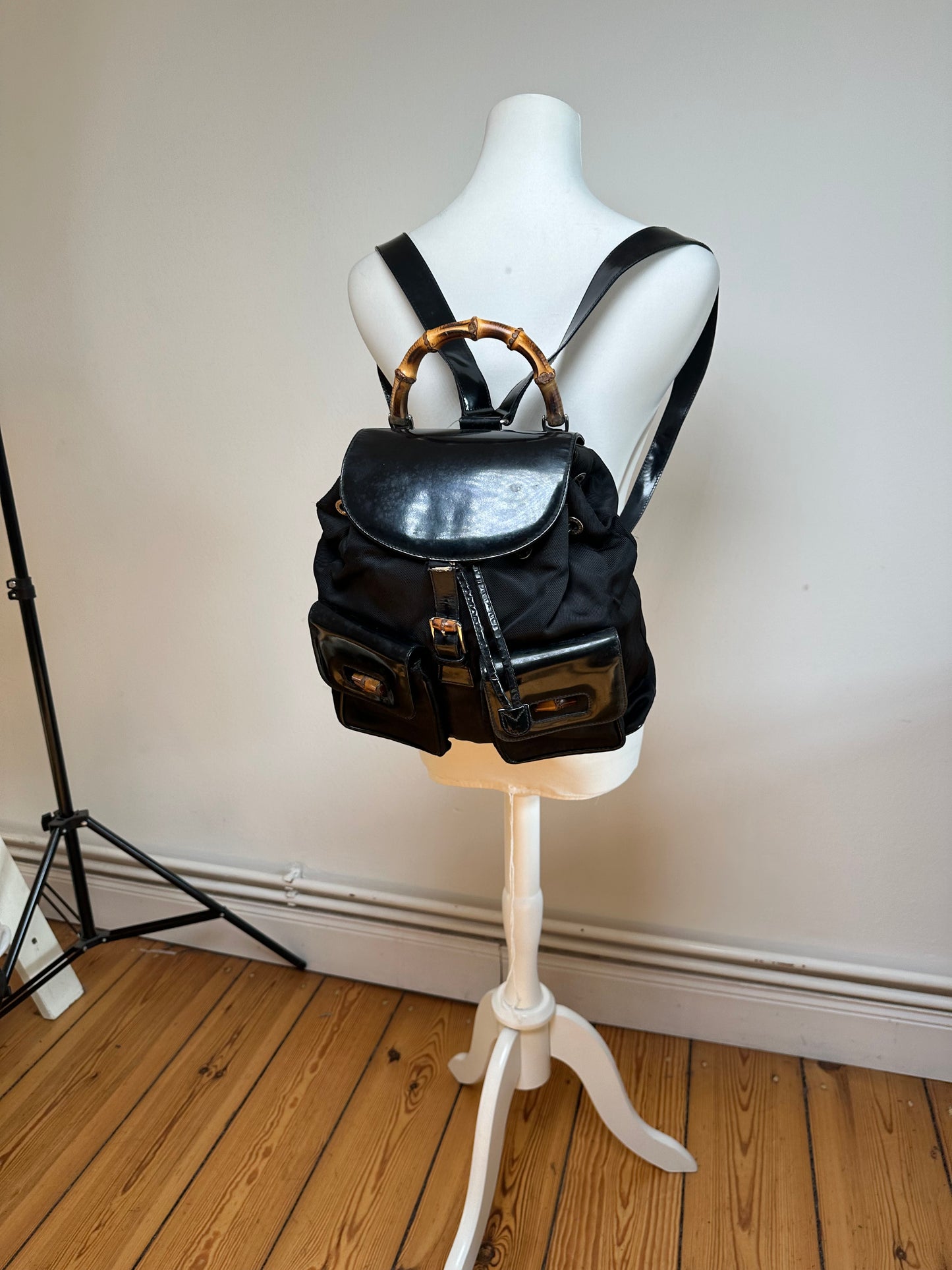 Vintage Gucci Patent Leather Bamboo Backpack Black