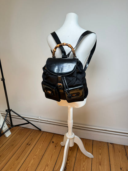 Vintage Gucci Patent Leather Bamboo Backpack Black