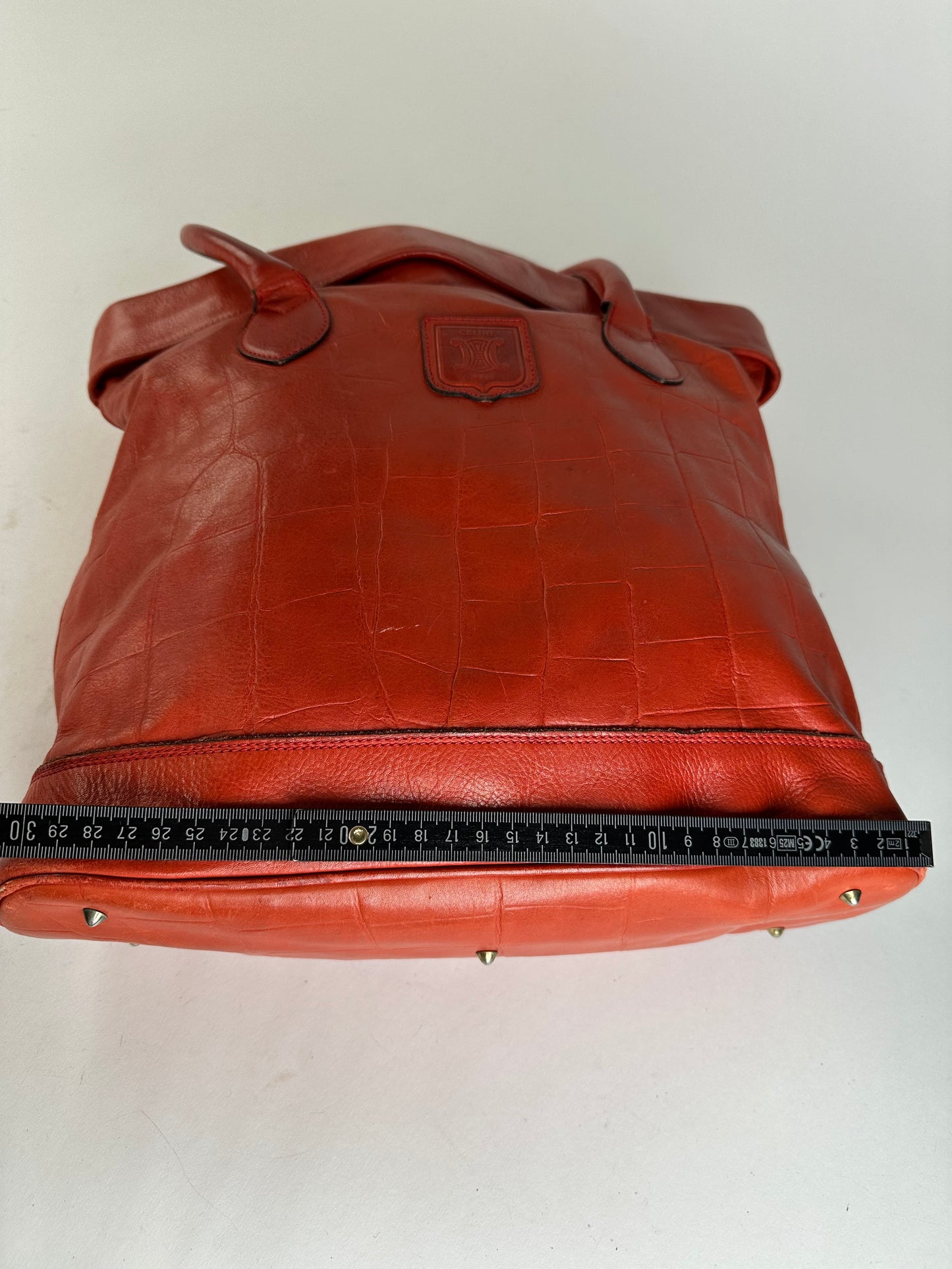 Vintage Celine Triomphe Crest Croc Embossed Leather Tote Red