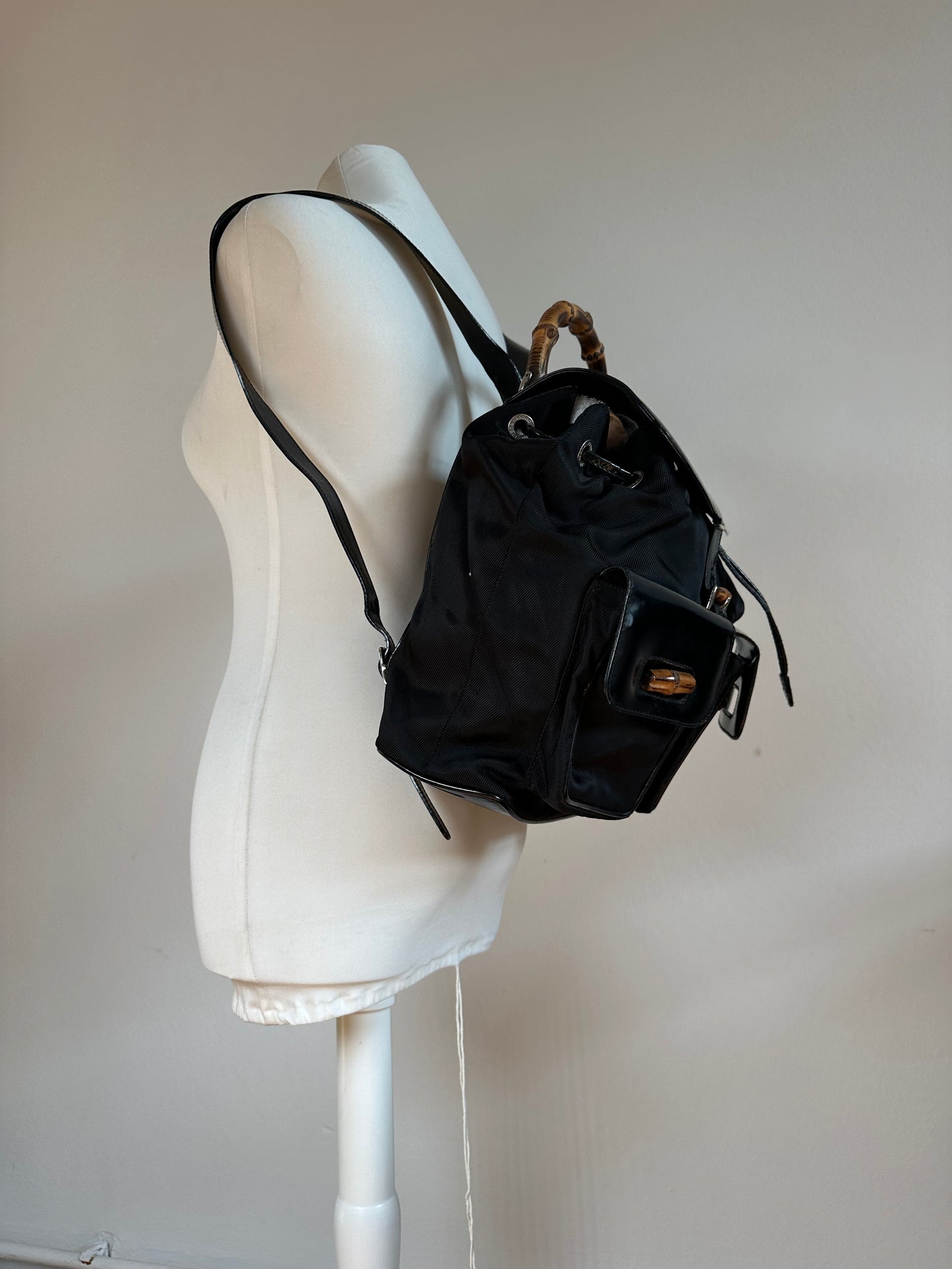 Vintage Gucci Patent Leather Bamboo Backpack Black