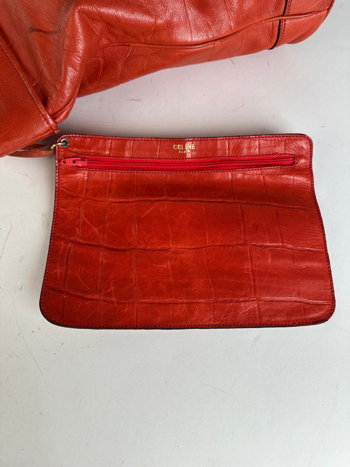 Vintage Celine Triomphe Crest Croc Embossed Leather Tote Red