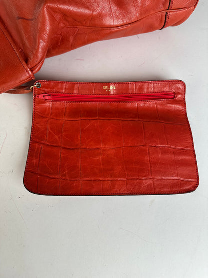 Vintage Celine Triomphe Crest Croc Embossed Leather Tote Red
