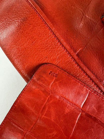 Vintage Celine Triomphe Crest Croc Embossed Leather Tote Red