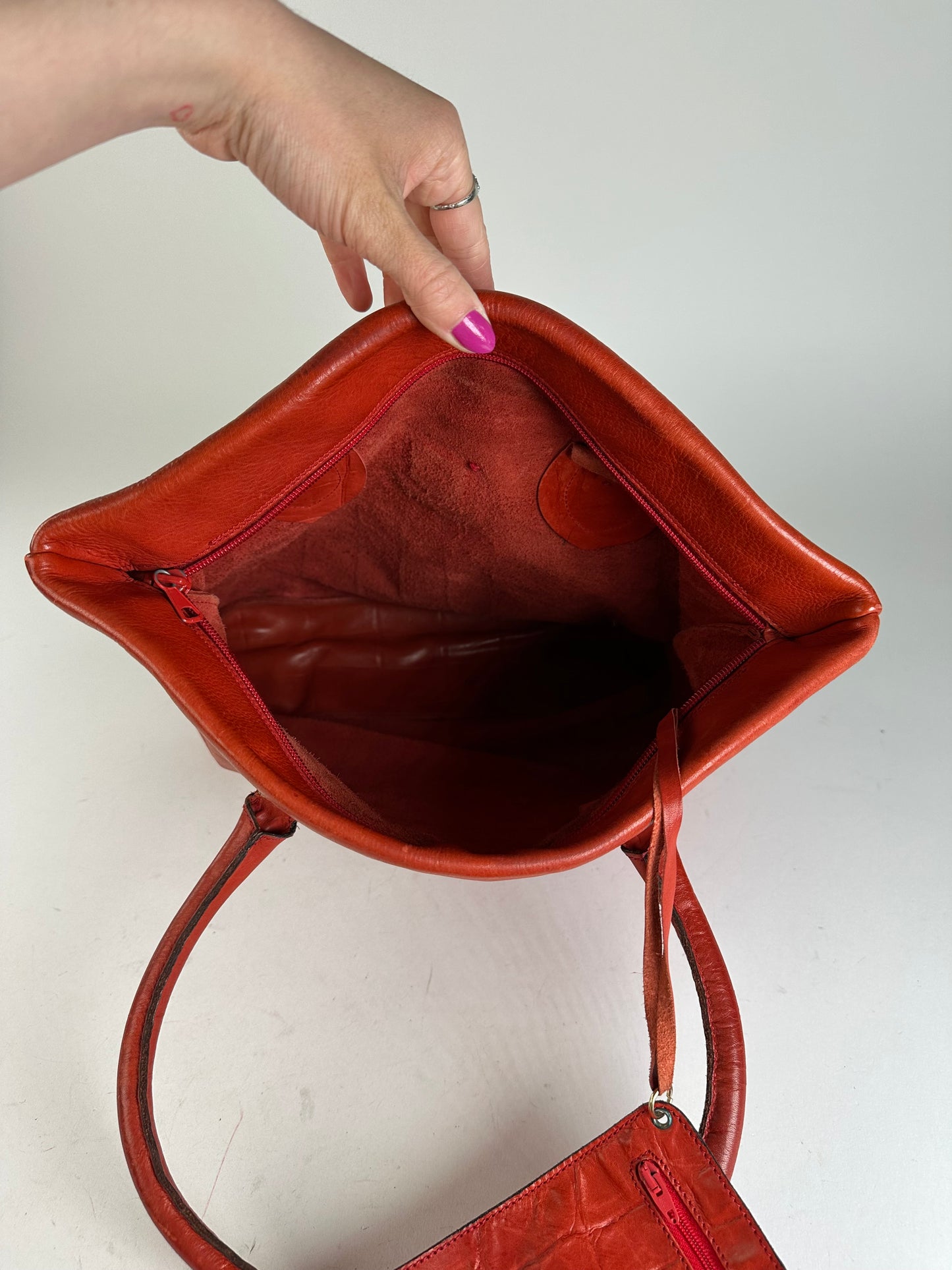 Vintage Celine Triomphe Crest Croc Embossed Leather Tote Red