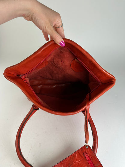 Vintage Celine Triomphe Crest Croc Embossed Leather Tote Red