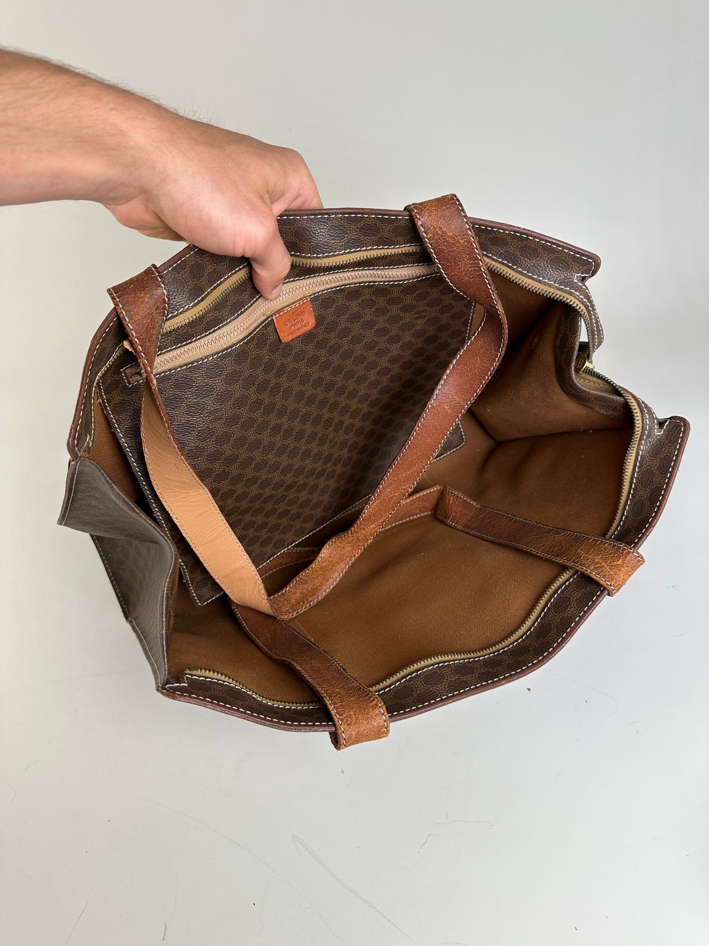Vintage Celine Macadam Canvas Tote Brown Tan Gold