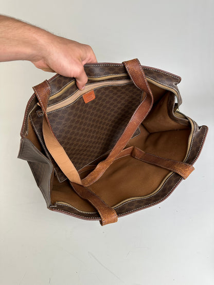 Vintage Celine Macadam Canvas Tote Brown Tan Gold