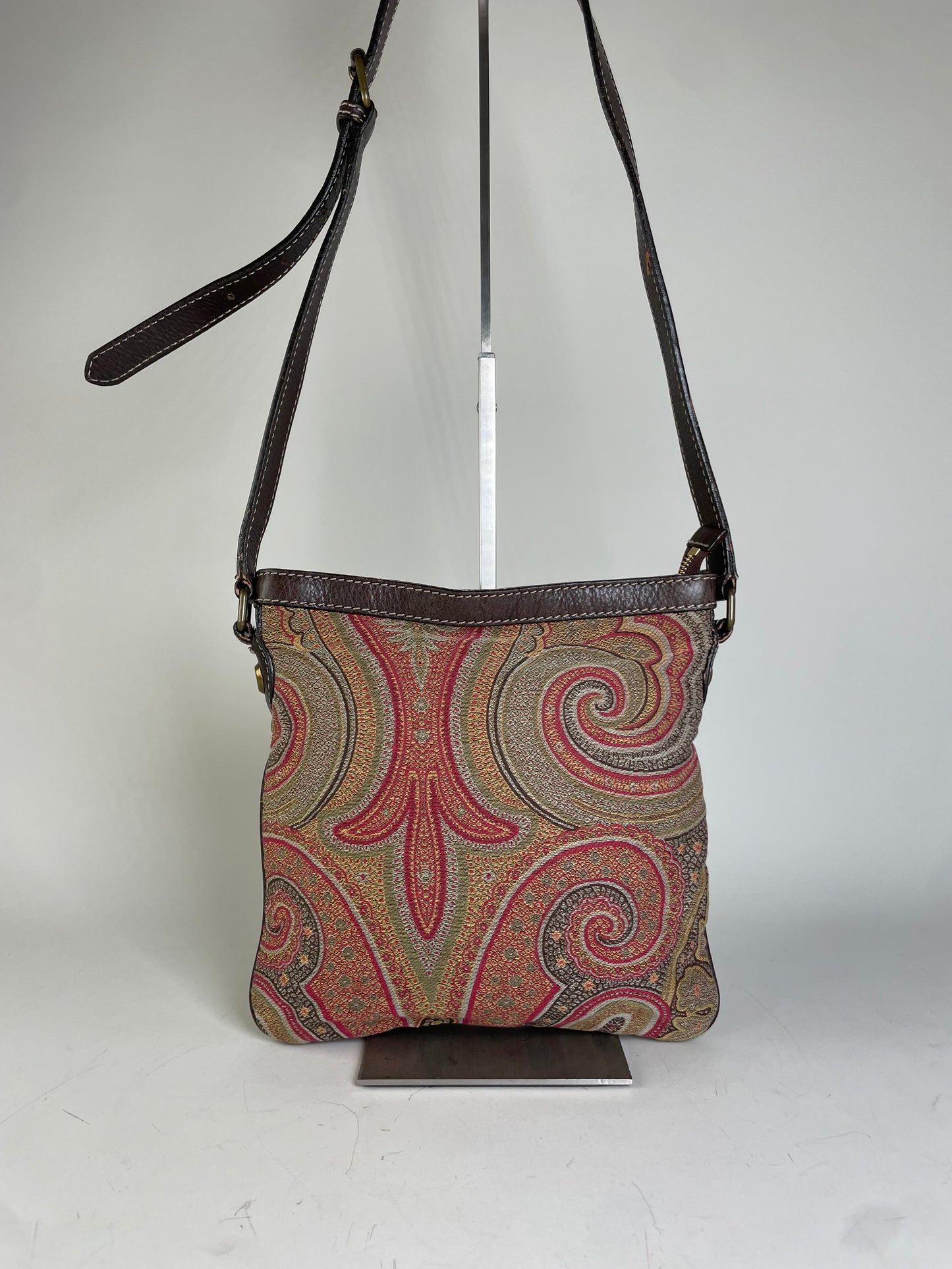 Vintage Etro Patterned Textile Shoulder Bag Tan Rust Magenta