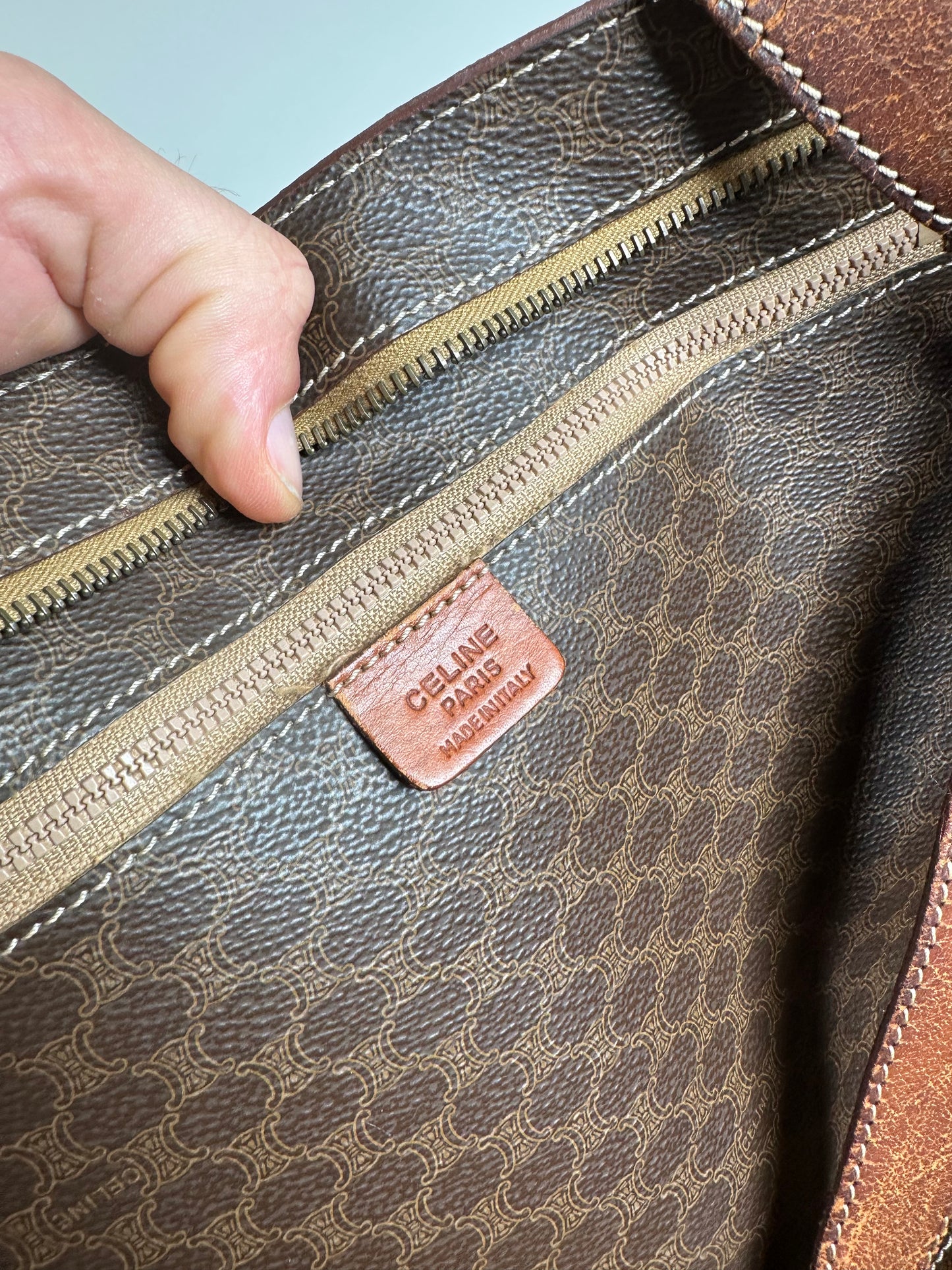 Vintage Celine Macadam Canvas Tote Brown Tan Gold