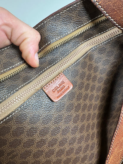 Vintage Celine Macadam Canvas Tote Brown Tan Gold