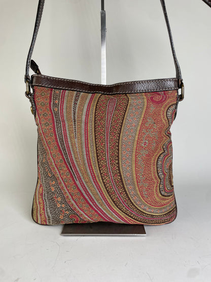 Vintage Etro Patterned Textile Shoulder Bag Tan Rust Magenta
