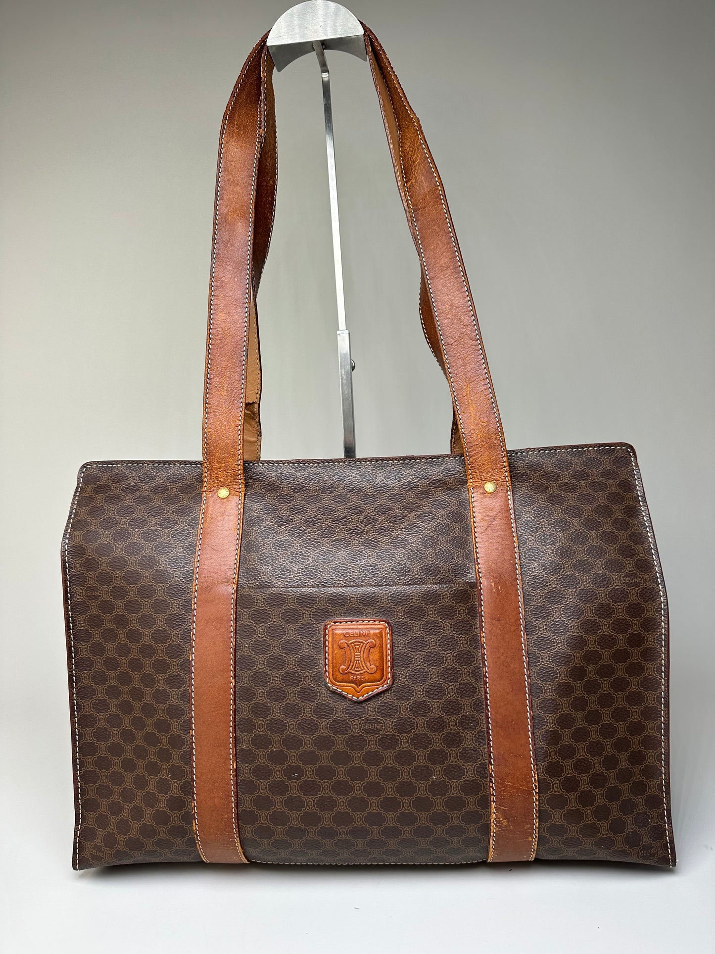 Vintage Celine Macadam Canvas Tote Brown Tan Gold