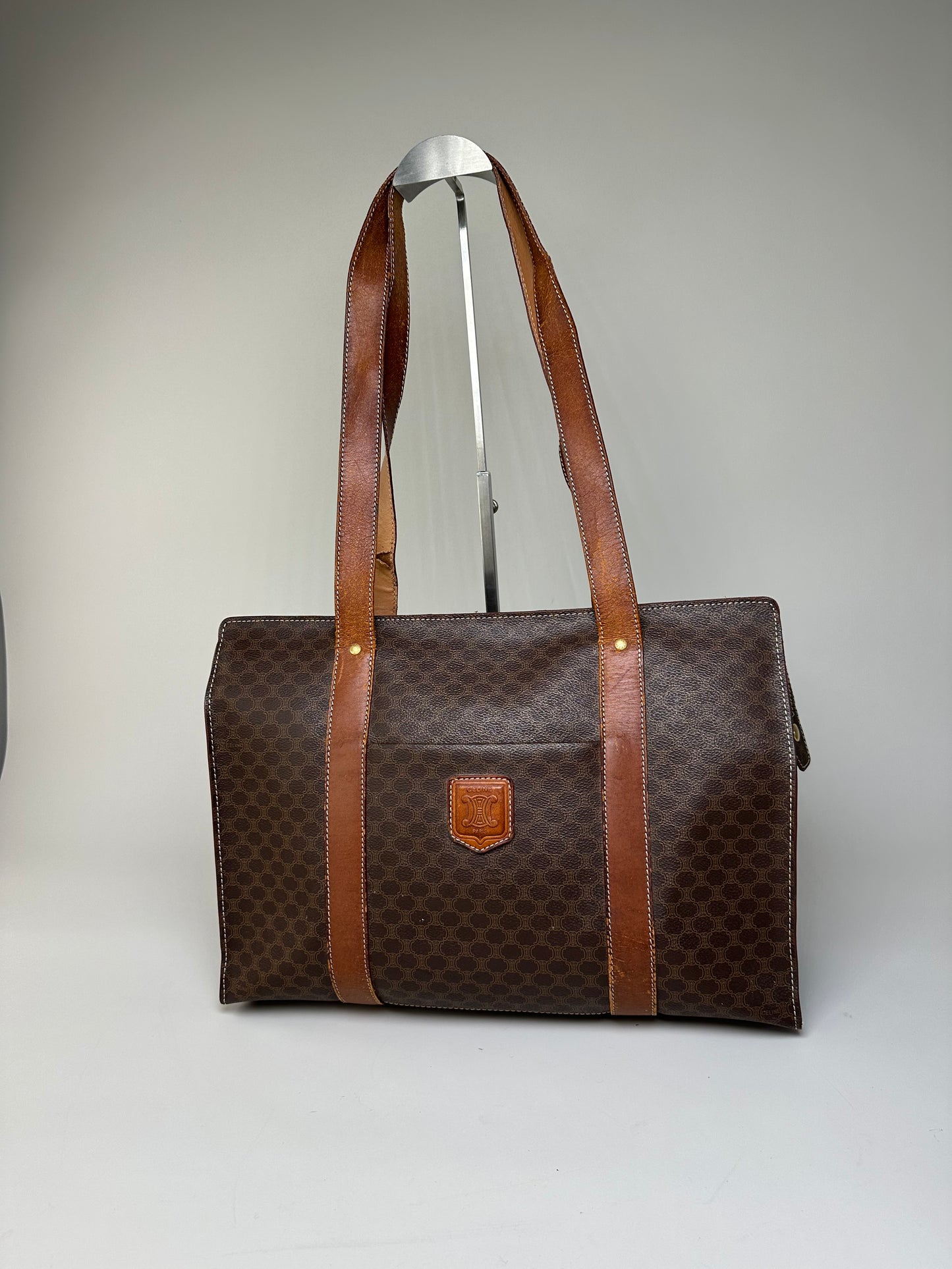 Vintage Celine Macadam Canvas Tote Brown Tan Gold