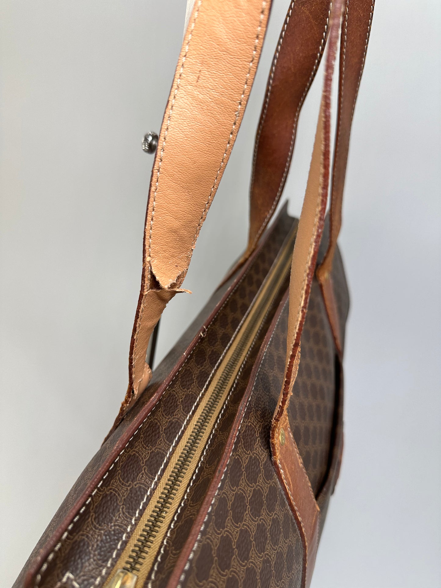 Vintage Celine Macadam Canvas Tote Brown Tan Gold