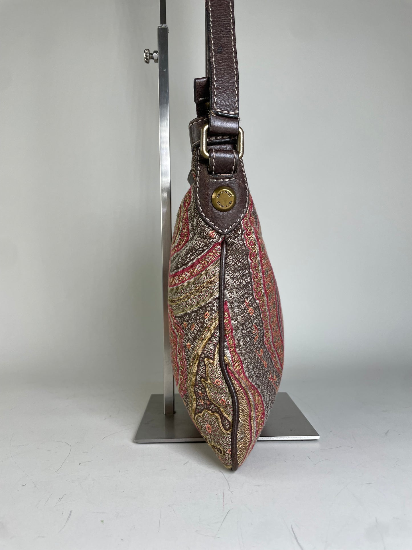 Vintage Etro Patterned Textile Shoulder Bag Tan Rust Magenta