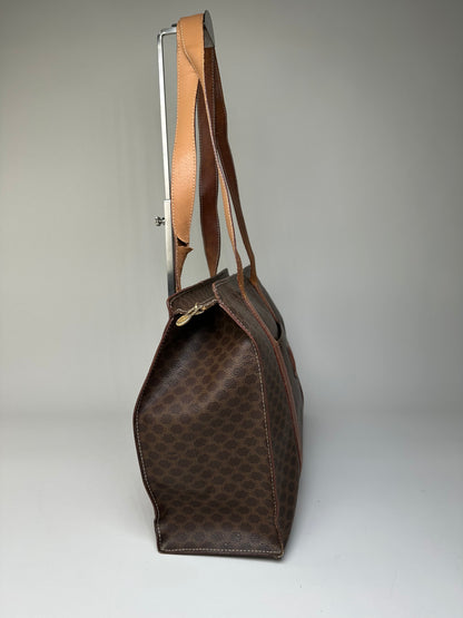 Vintage Celine Macadam Canvas Tote Brown Tan Gold