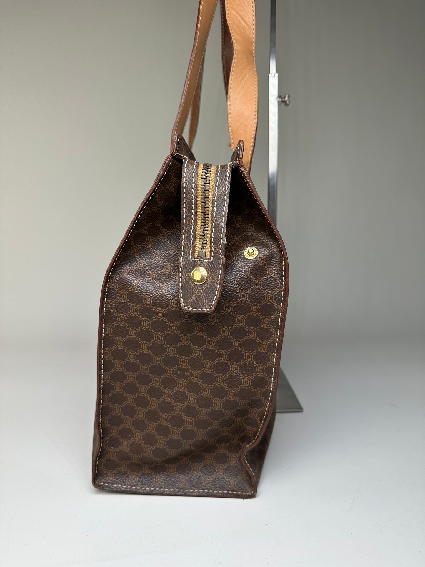 Vintage Celine Macadam Canvas Tote Brown Tan Gold