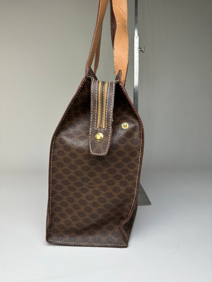 Vintage Celine Macadam Canvas Tote Brown Tan Gold