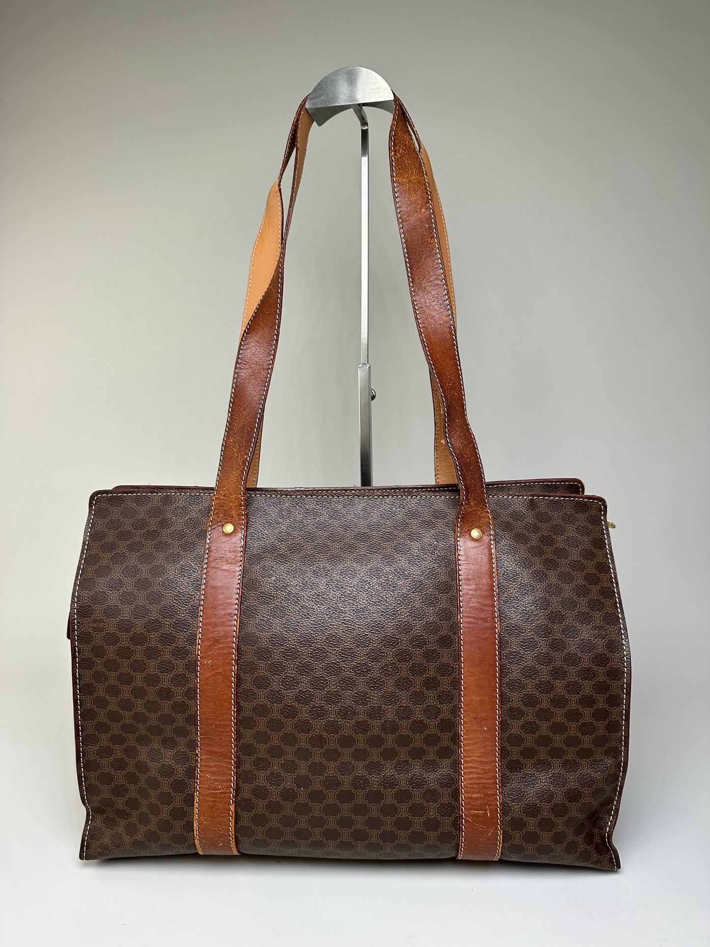 Vintage Celine Macadam Canvas Tote Brown Tan Gold