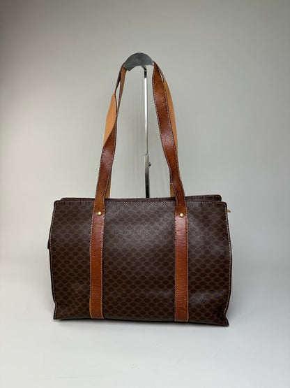 Vintage Celine Macadam Canvas Tote Brown Tan Gold