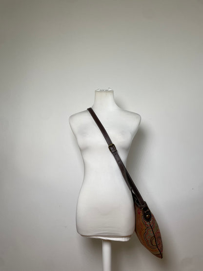 Vintage Etro Patterned Textile Shoulder Bag Tan Rust Magenta