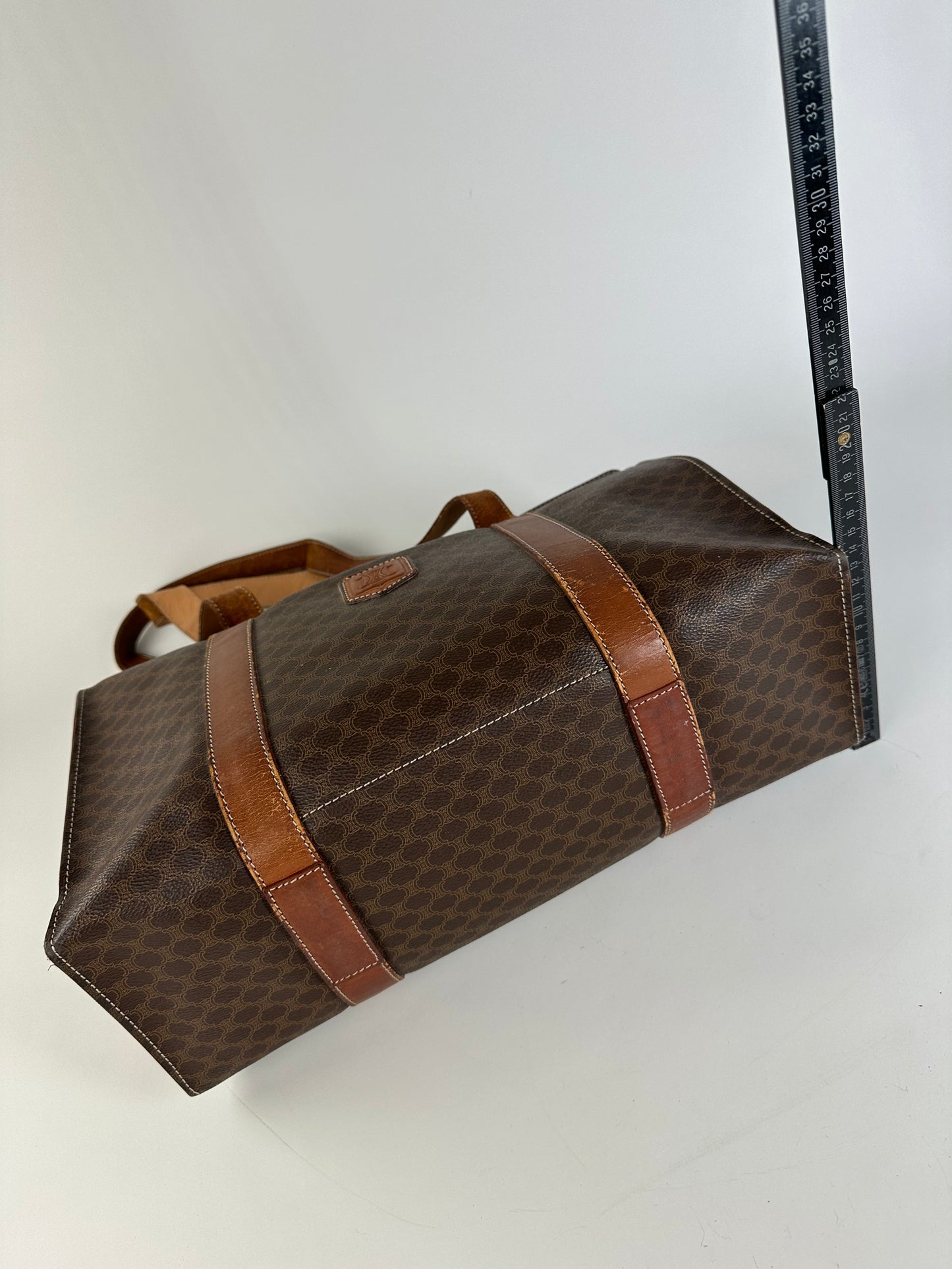 Vintage Celine Macadam Canvas Tote Brown Tan Gold