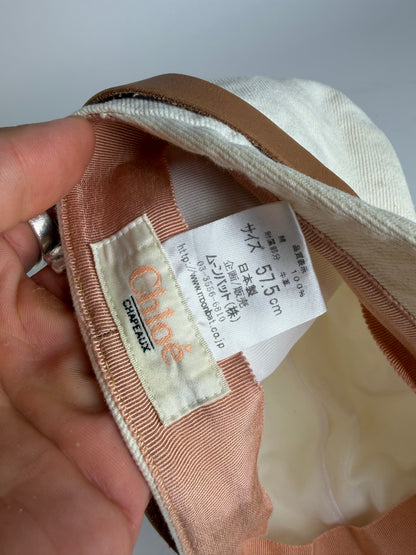Vintage Chloé Canvas Hat Cream Brown Leather Band 57.5