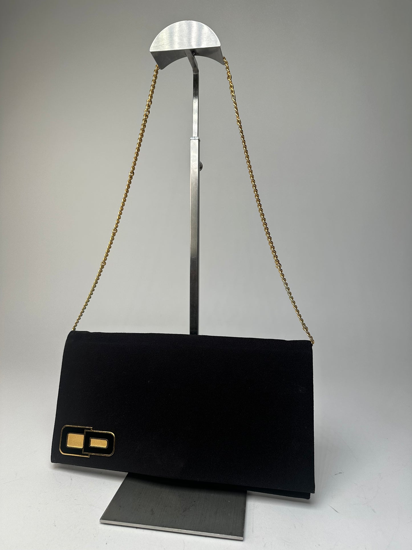 Vintage Dior CD Logo Satin Evening Clutch with Chain Black