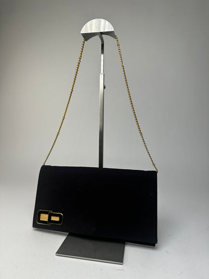 Vintage Dior CD Logo Satin Evening Clutch with Chain Black